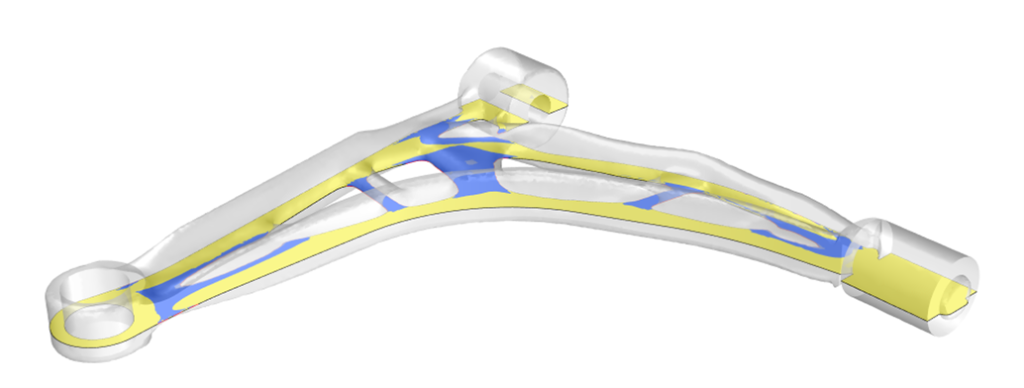 Graphic showing the integrated additive manufacturing process with topology optimization for Powder-Bed-Fusion (PBF). Rafinex's topology optimization anticipates material load variability and includes FEA validation, while ModuleWorks' toolpath algorithms generate collision-free paths for PBF production. The solution saves time, cost, and material waste while enhancing efficiency, quality, and sustainability in additive manufacturing. Presented at Hannover Messe 2023, the collaboration between Rafinex and ModuleWorks extends to Wire Arc Additive Manufacturing (WAAM).